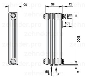 Схема (чертеж) Радиатор Zehnder Charleston 3100/4 №V008 Белый глянцевый RAL 9016
